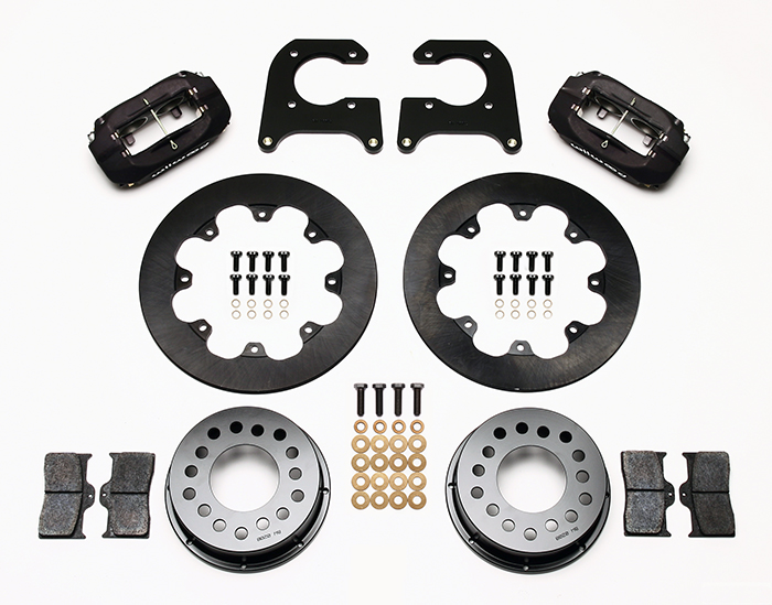 Wilwood Forged Dynalite Rear Drag Brake Kit Parts Laid Out - Type III Anodize Caliper - Plain Face Rotor