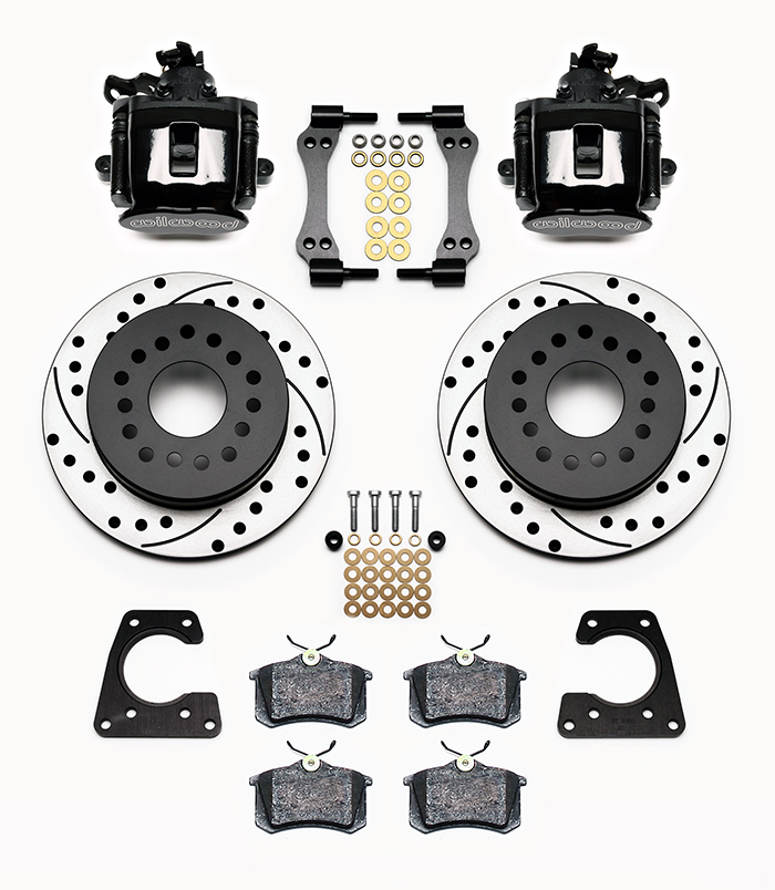 Wilwood Combination Parking Brake Caliper 1Pc Rotor Rear Brake Kit Parts Laid Out - Black Powder Coat Caliper - SRP Drilled & Slotted Rotor