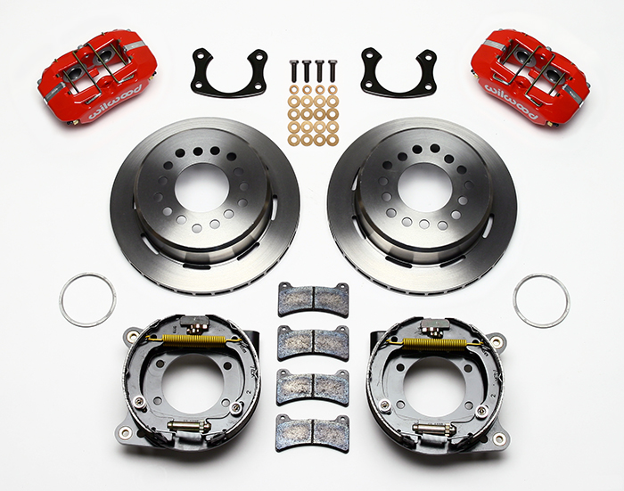 Wilwood Forged Dynapro Low-Profile Rear Parking Brake Kit Parts Laid Out - Red Powder Coat Caliper - Plain Face Rotor