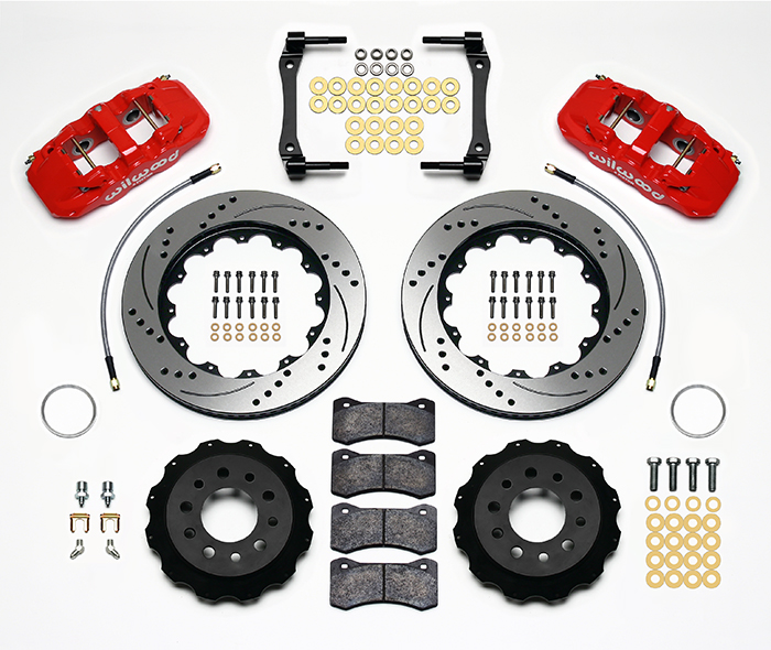 Wilwood AERO4 Big Brake Rear Brake Kit For OE Parking Brake Parts Laid Out - Red Powder Coat Caliper - SRP Drilled & Slotted Rotor
