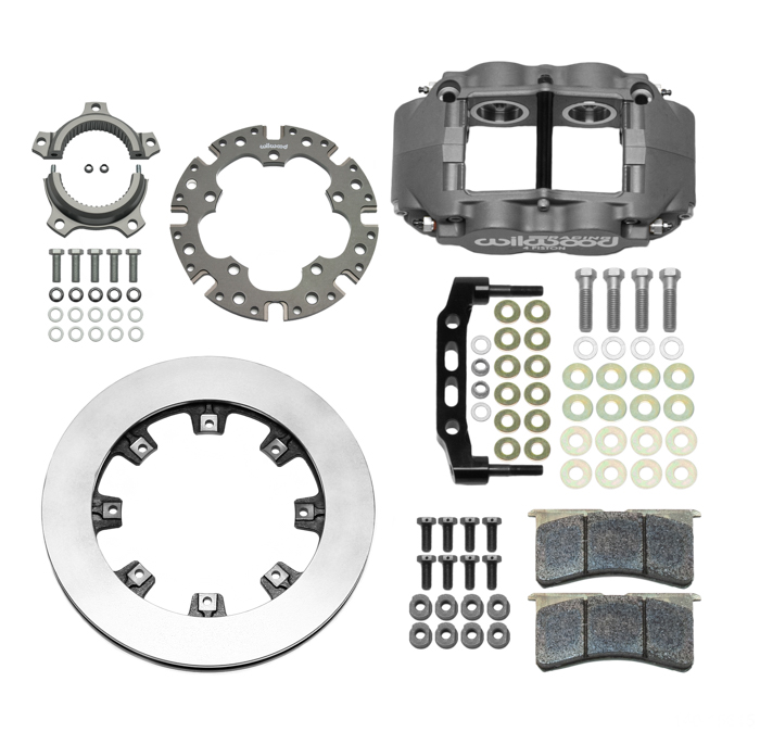 Wilwood Forged Superlite 4 Radial Sprint Inboard Rear Brake Kit Parts Laid Out - Type III Anodize Caliper - Plain Face Rotor