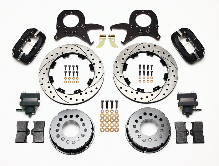Wilwood Forged Dynalite Pro Series Rear Brake Kit w/P-Brake Parts Laid Out - Type III Anodize Caliper - SRP Drilled & Slotted Rotor