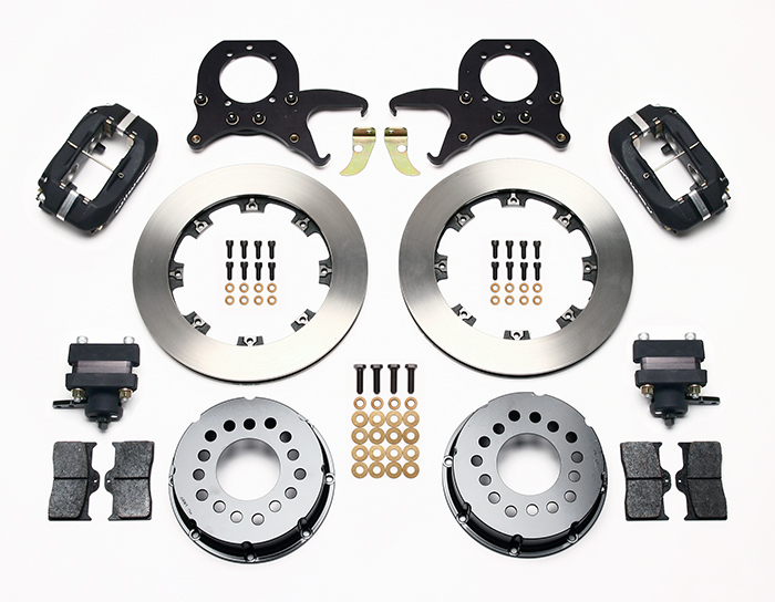 Wilwood Forged Dynalite Pro Series Rear Brake Kit w/P-Brake Parts Laid Out - Type III Anodize Caliper - Plain Face Rotor