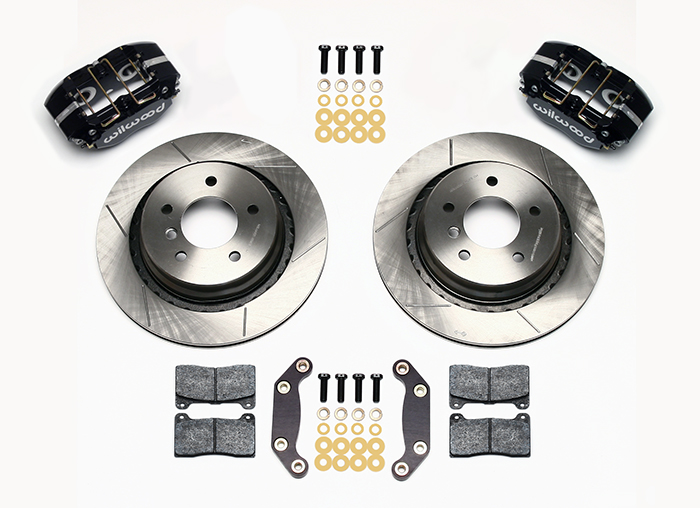 Wilwood Dynapro Rear Brake Kit For OE Parking Brake Parts Laid Out - Black Powder Coat Caliper - GT Slotted Rotor