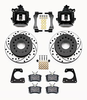 Wilwood Combination Parking Brake Caliper 1Pc Rotor Rear Brake Kit Parts Laid Out - Black Powder Coat Caliper - SRP Drilled & Slotted Rotor