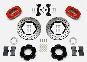 Wilwood Forged Dynalite Big Brake Front Brake Kit (Hat) Parts Laid Out - Red Powder Coat Caliper - SRP Drilled & Slotted Rotor
