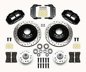 Wilwood Forged Narrow Superlite 6R Big Brake Front Brake Kit (Hub and 1PC Rotor) Parts Laid Out - Black Powder Coat Caliper - SRP Drilled & Slotted Rotor