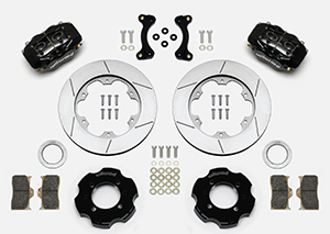 Wilwood Forged Dynalite Big Brake Front Brake Kit (Hat) Parts Laid Out - Black Powder Coat Caliper - GT Slotted Rotor