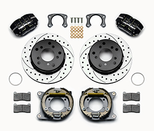 Wilwood Dynapro Lug Mount Rear Parking Brake Kit Parts Laid Out - Black Powder Coat Caliper - SRP Drilled & Slotted Rotor