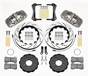 Wilwood AERO6 Big Brake Front Brake Kit Parts Laid Out - Nickel Plate Caliper - SRP Drilled & Slotted Rotor