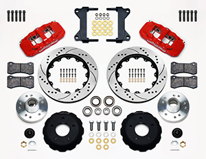 Wilwood AERO6 Big Brake Front Brake Kit Parts Laid Out - Red Powder Coat Caliper - SRP Drilled & Slotted Rotor