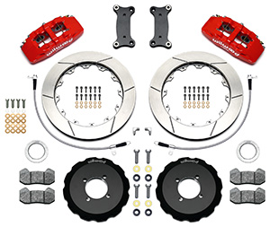 Wilwood Forged Dynapro 6 Big Brake Front Brake Kit (Hat) Parts Laid Out - Red Powder Coat Caliper