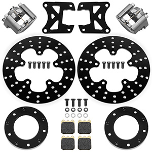 Wilwood Dynalite Single Floater Front Drag Brake Kit Parts Laid Out - Type III Anodize Caliper - Drilled Rotor