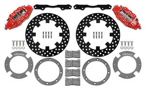 Wilwood UTV6 Front Brake Kit Parts Laid Out - Red Powder Coat Caliper - Drilled Rotor