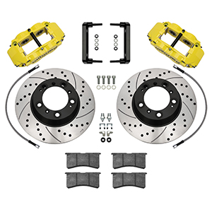 Wilwood Forged Narrow Superlite 4R Big Brake Rear Brake Kit For OE Parking Brake Parts Laid Out - Yellow Powder Coat Caliper - SRP Drilled & Slotted Rotor