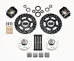 Wilwood Dynapro Single Front Drag Brake Kit Parts Laid Out - Type III Anodize Caliper - Drilled Rotor
