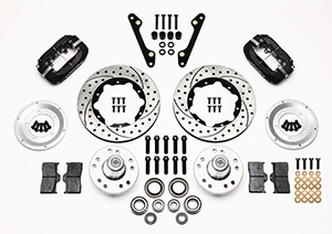 Wilwood Forged Dynalite Pro Series Front Brake Kit Parts Laid Out - Type III Anodize Caliper - SRP Drilled & Slotted Rotor