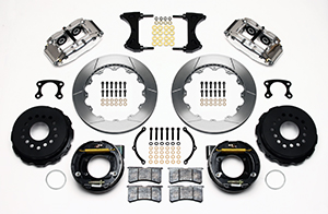 Wilwood Forged Narrow Superlite 4R Big Brake Rear Parking Brake Kit Parts Laid Out - Polish Caliper - GT Slotted Rotor