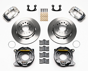 Wilwood Forged Dynalite Rear Parking Brake Kit Parts Laid Out - Polish Caliper - Plain Face Rotor