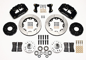 Wilwood Forged Superlite 4 Big Brake Front Brake Kit (Hub) Parts Laid Out - Type III Anodize Caliper - GT Slotted Rotor