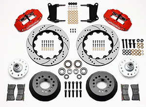 Wilwood Forged Narrow Superlite 6R Big Brake Front Brake Kit (Hub) Parts Laid Out - Red Powder Coat Caliper - SRP Drilled & Slotted Rotor