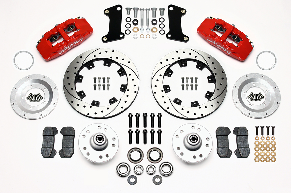 Wilwood Forged Dynapro 6 Big Brake Front Brake Kit (Hub) Parts Laid Out - Red Powder Coat Caliper - SRP Drilled & Slotted Rotor