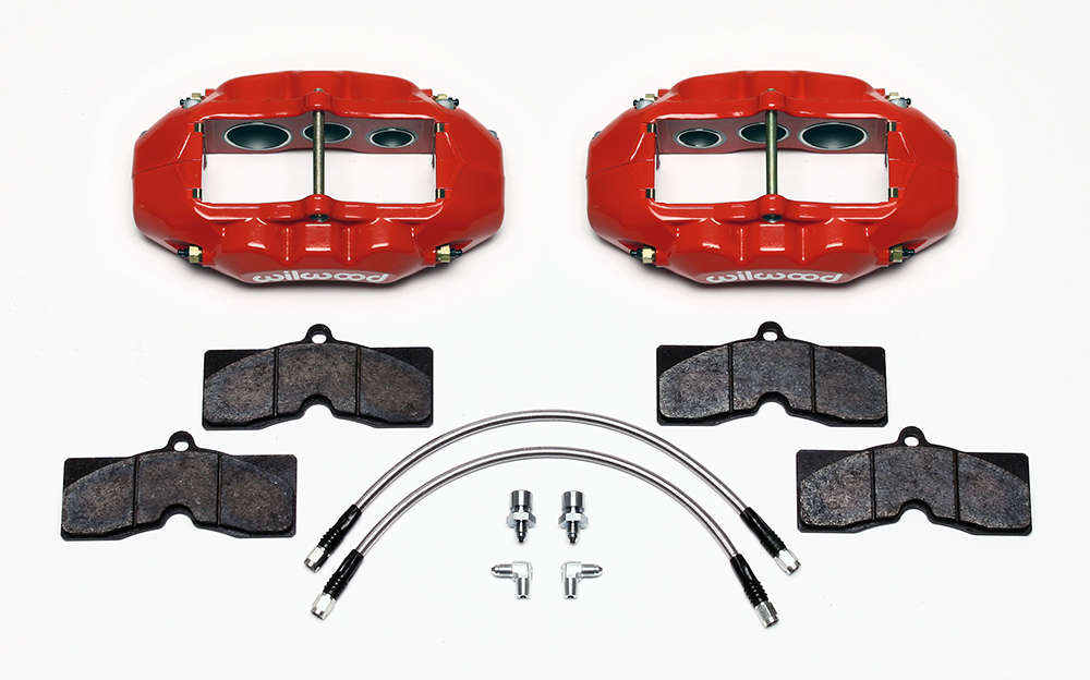 Wilwood D8-6 Front Replacement Caliper Kit Parts Laid Out - Red Powder Coat Caliper