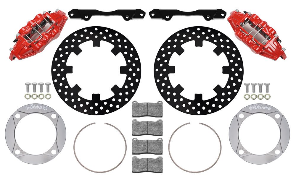 Wilwood UTV6 Front Brake Kit Parts Laid Out - Red Powder Coat Caliper - Drilled Rotor