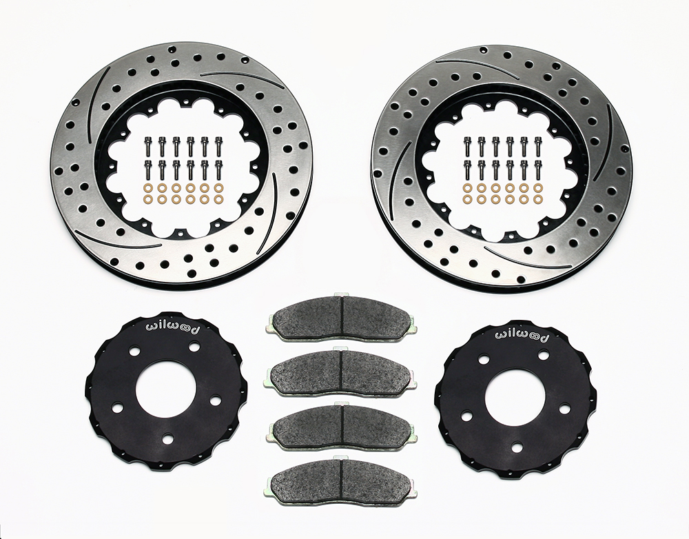 Wilwood Promatrix Front Replacement Rotor Kit Parts Laid Out - SRP Drilled & Slotted Rotor