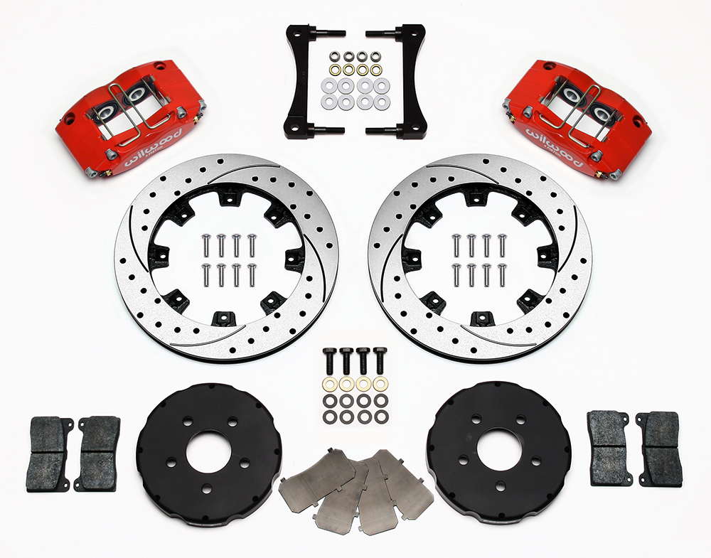 Wilwood Dynapro Radial Big Brake Front Brake Kit (Hat) Parts Laid Out - Red Powder Coat Caliper - SRP Drilled & Slotted Rotor