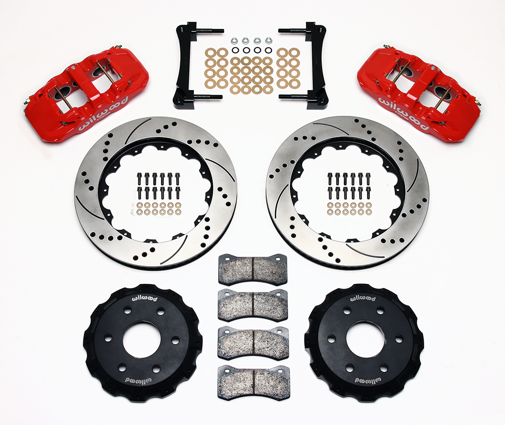 Wilwood AERO6 Big Brake Truck Front Brake Kit Parts Laid Out - Red Powder Coat Caliper - SRP Drilled & Slotted Rotor