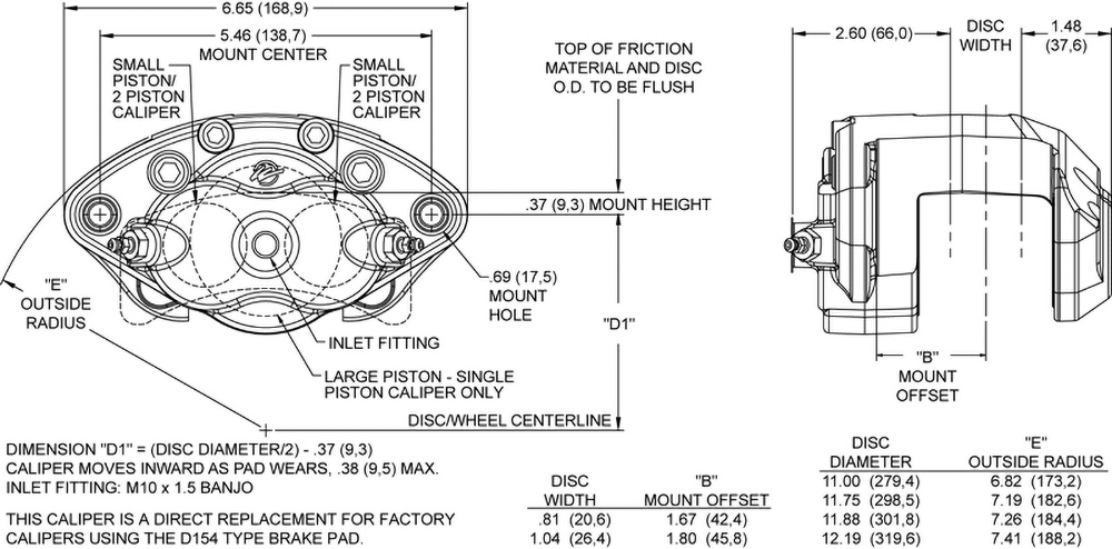 Dimensions for the D154 Single & Dual Piston Floater