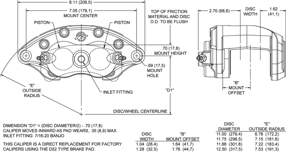 Dimensions for the D52 Dual Piston Floater