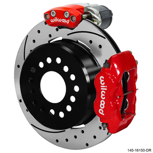 Wilwood Forged Dynalite Rear Electronic Parking Brake Kit - Red Powder Coat Caliper - SRP Drilled & Slotted Rotor