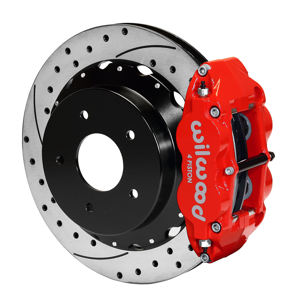 Wilwood Forged Narrow Superlite 4R Big Brake Rear Brake Kit For OE Parking Brake - Red Powder Coat Caliper - SRP Drilled & Slotted Rotor