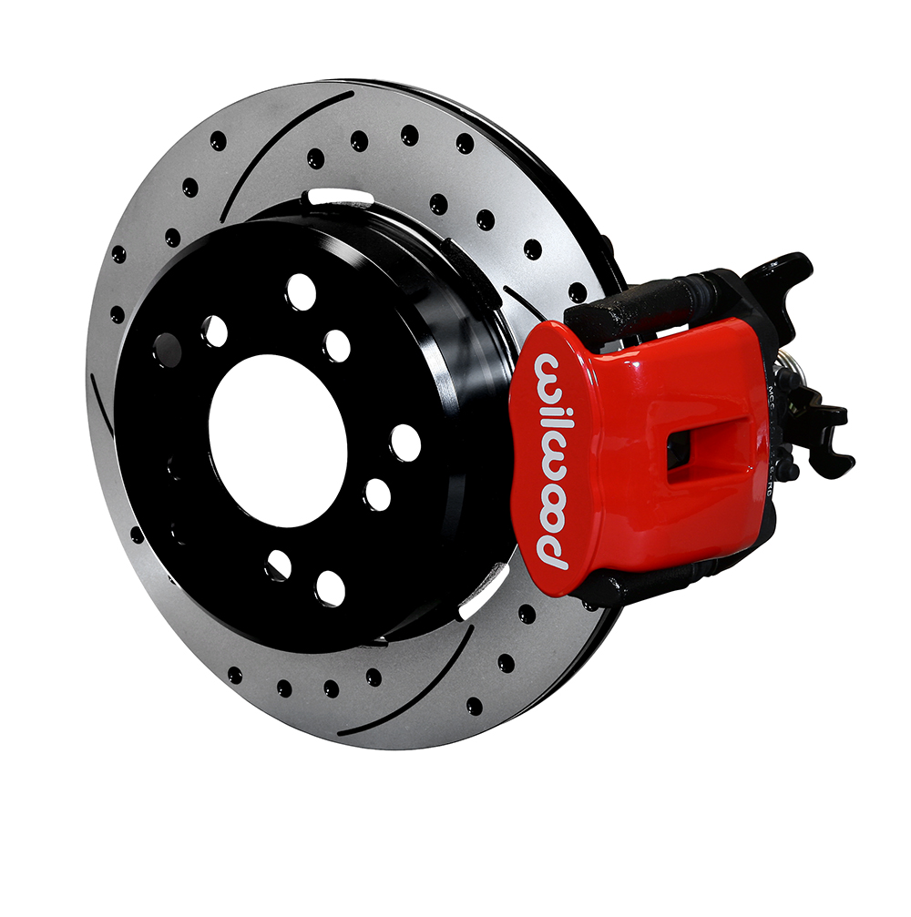 Wilwood Combination Parking Brake Caliper 1Pc Rotor Rear Brake Kit - Red Powder Coat Caliper - SRP Drilled & Slotted Rotor
