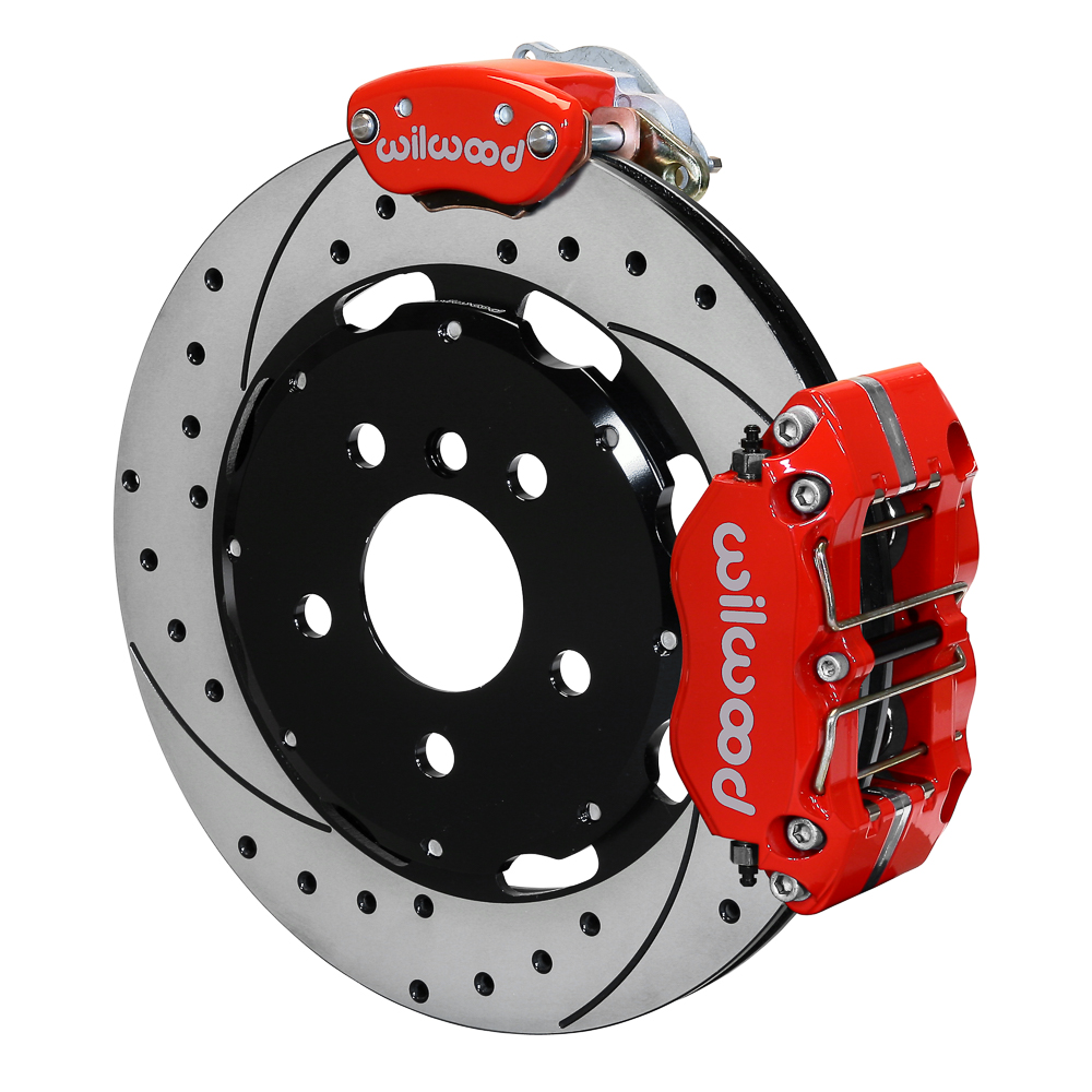 Wilwood Dynapro Radial-MC4 Rear Parking Brake Kit - Red Powder Coat Caliper - SRP Drilled & Slotted Rotor