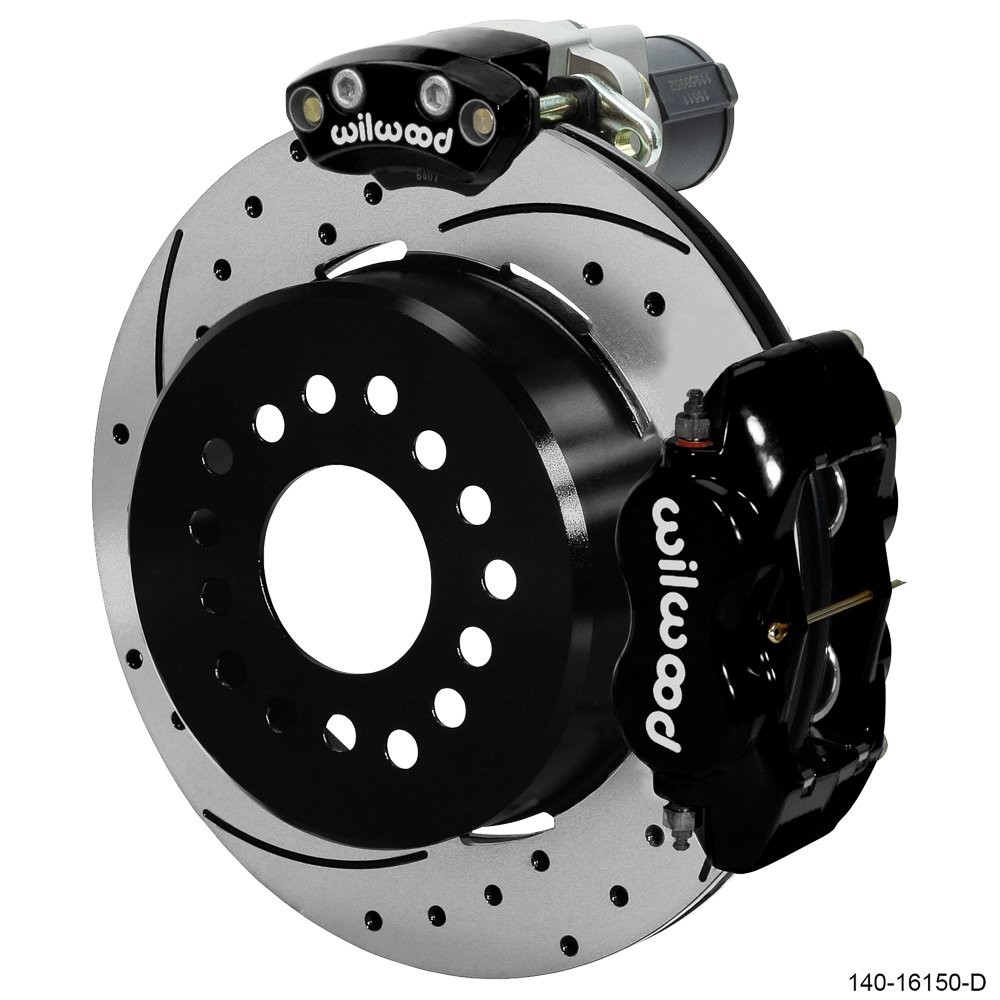 Wilwood Forged Dynalite Rear Electronic Parking Brake Kit - Black Powder Coat Caliper - SRP Drilled & Slotted Rotor