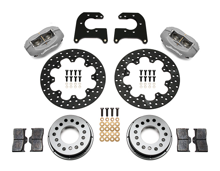 Wilwood Forged Dynalite Rear Drag Brake Kit Parts Laid Out - Type III Anodize Caliper - Drilled Rotor