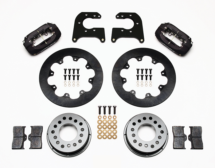 Wilwood Forged Dynalite Rear Drag Brake Kit Parts Laid Out - Type III Anodize Caliper - Plain Face Rotor