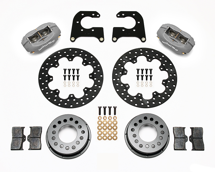 Wilwood Forged Dynalite Rear Drag Brake Kit Parts Laid Out - Type III Anodize Caliper - Drilled Rotor