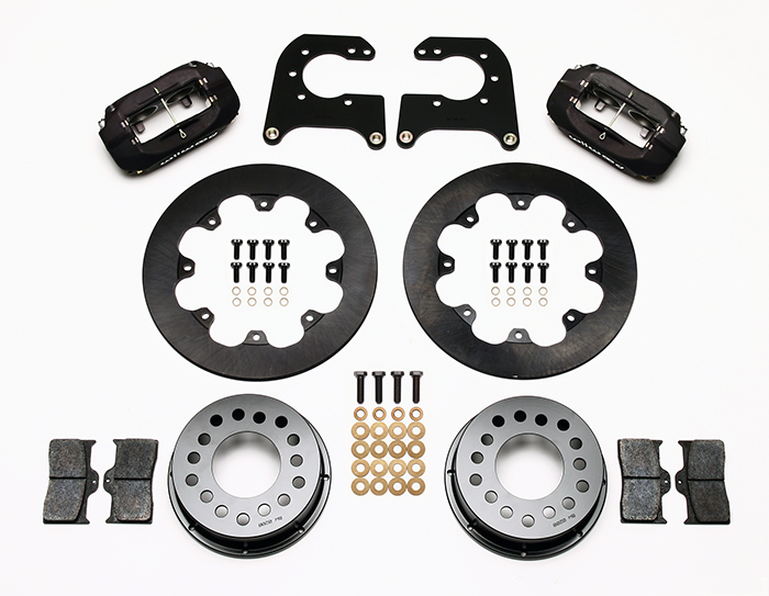 Wilwood Forged Dynalite Rear Drag Brake Kit Parts Laid Out - Type III Anodize Caliper - Plain Face Rotor