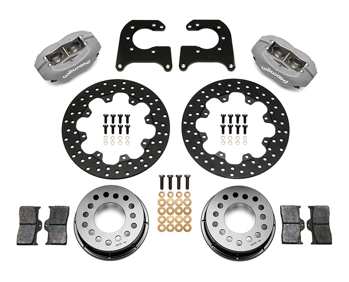 Wilwood Forged Dynalite Rear Drag Brake Kit Parts Laid Out - Type III Anodize Caliper - Drilled Rotor