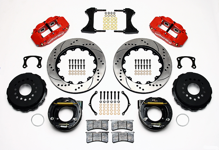 Wilwood Forged Narrow Superlite 4R Big Brake Rear Parking Brake Kit Parts Laid Out - Red Powder Coat Caliper - SRP Drilled & Slotted Rotor