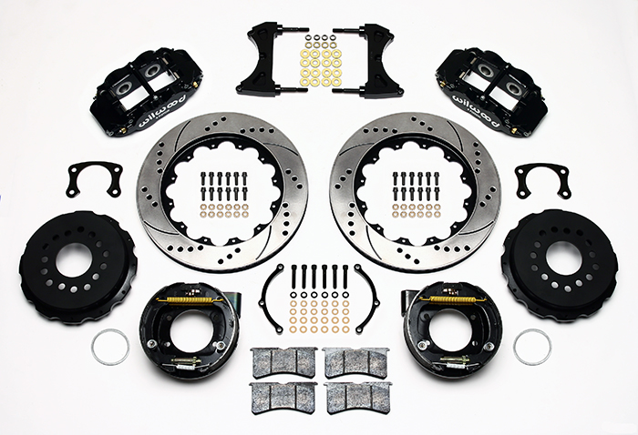 Wilwood Forged Narrow Superlite 4R Big Brake Rear Parking Brake Kit Parts Laid Out - Black Powder Coat Caliper - SRP Drilled & Slotted Rotor