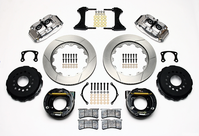 Wilwood Forged Narrow Superlite 4R Big Brake Rear Parking Brake Kit Parts Laid Out - Polish Caliper - GT Slotted Rotor