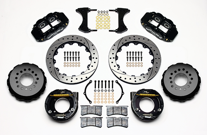 Wilwood Forged Narrow Superlite 4R Big Brake Rear Parking Brake Kit Parts Laid Out - Black Powder Coat Caliper - SRP Drilled & Slotted Rotor