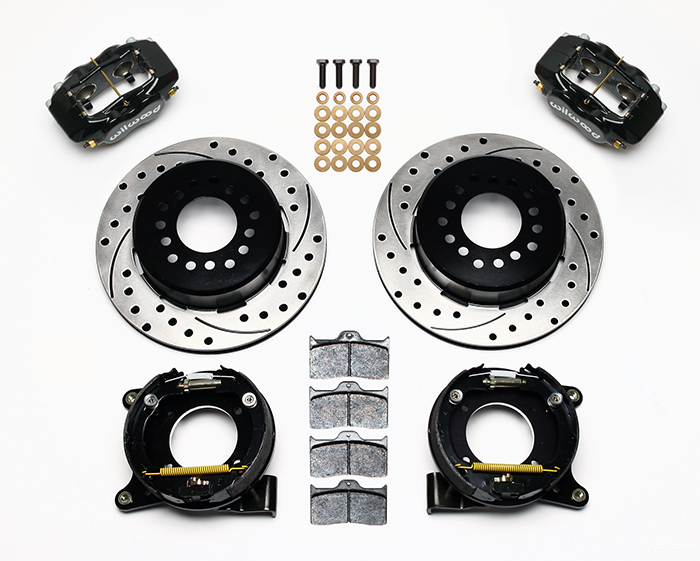 Wilwood Forged Dynalite Rear Parking Brake Kit Parts Laid Out - Black Powder Coat Caliper - SRP Drilled & Slotted Rotor