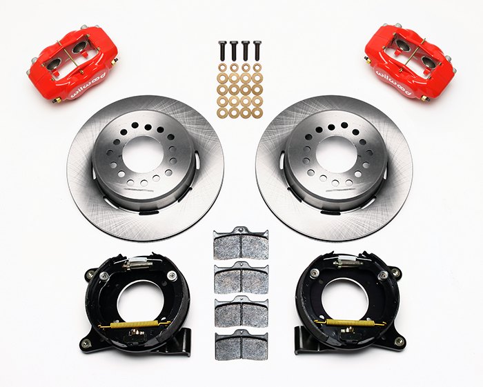 Wilwood Forged Dynalite Rear Parking Brake Kit Parts Laid Out - Red Powder Coat Caliper - Plain Face Rotor