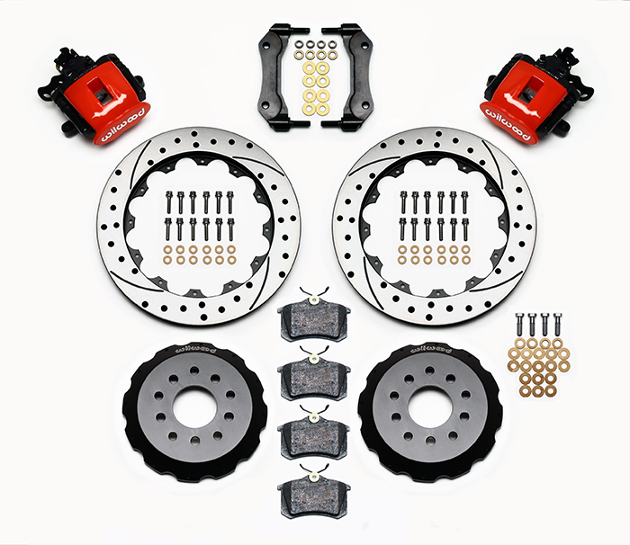 Wilwood Combination Parking Brake Caliper Rear Brake Kit Parts Laid Out - Red Powder Coat Caliper - SRP Drilled & Slotted Rotor